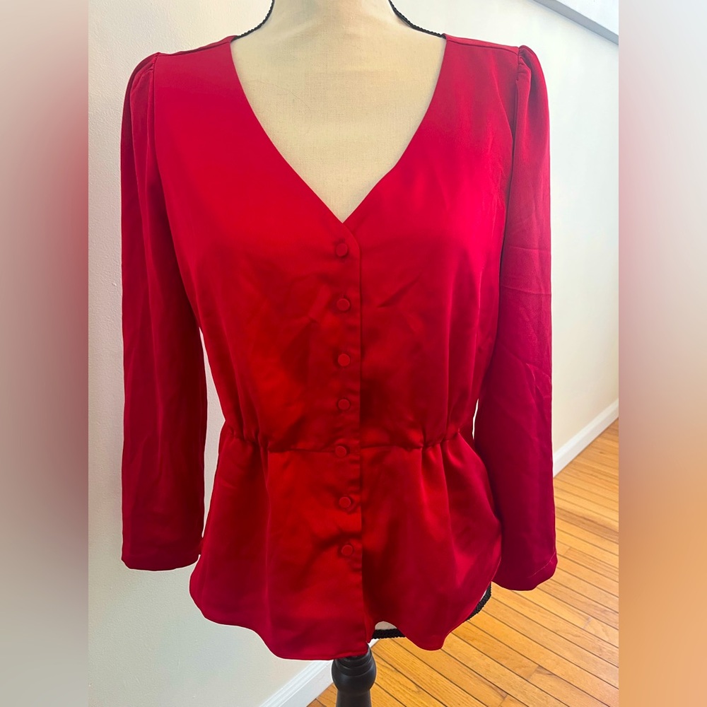 J.Crew Elegant Red Satin Button-Up Women's Cinched Top Size 8